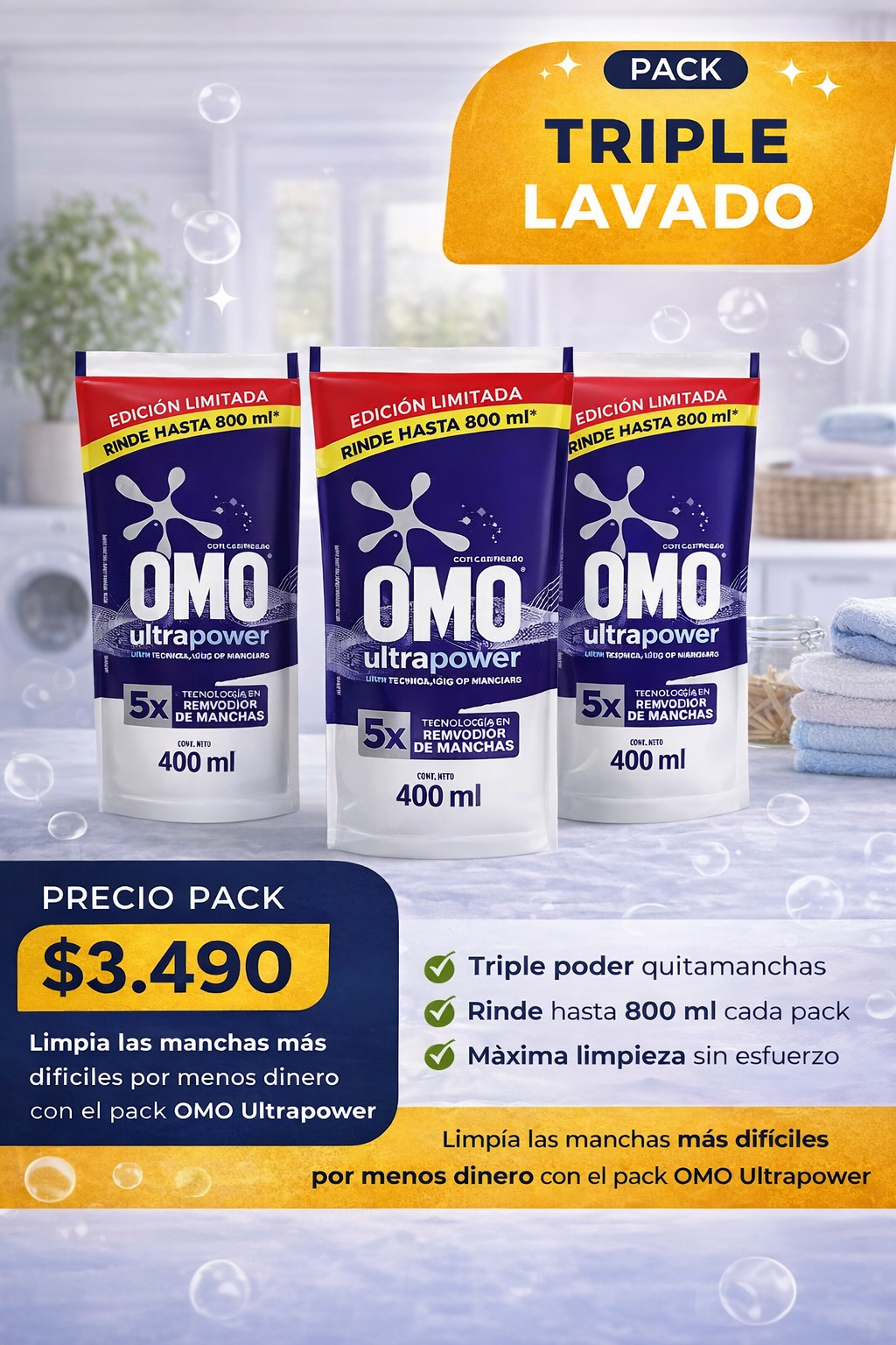 Triple Pack detergente OMO 400 ML